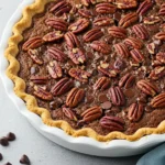 chocolate pecan pie in a white pie dish.