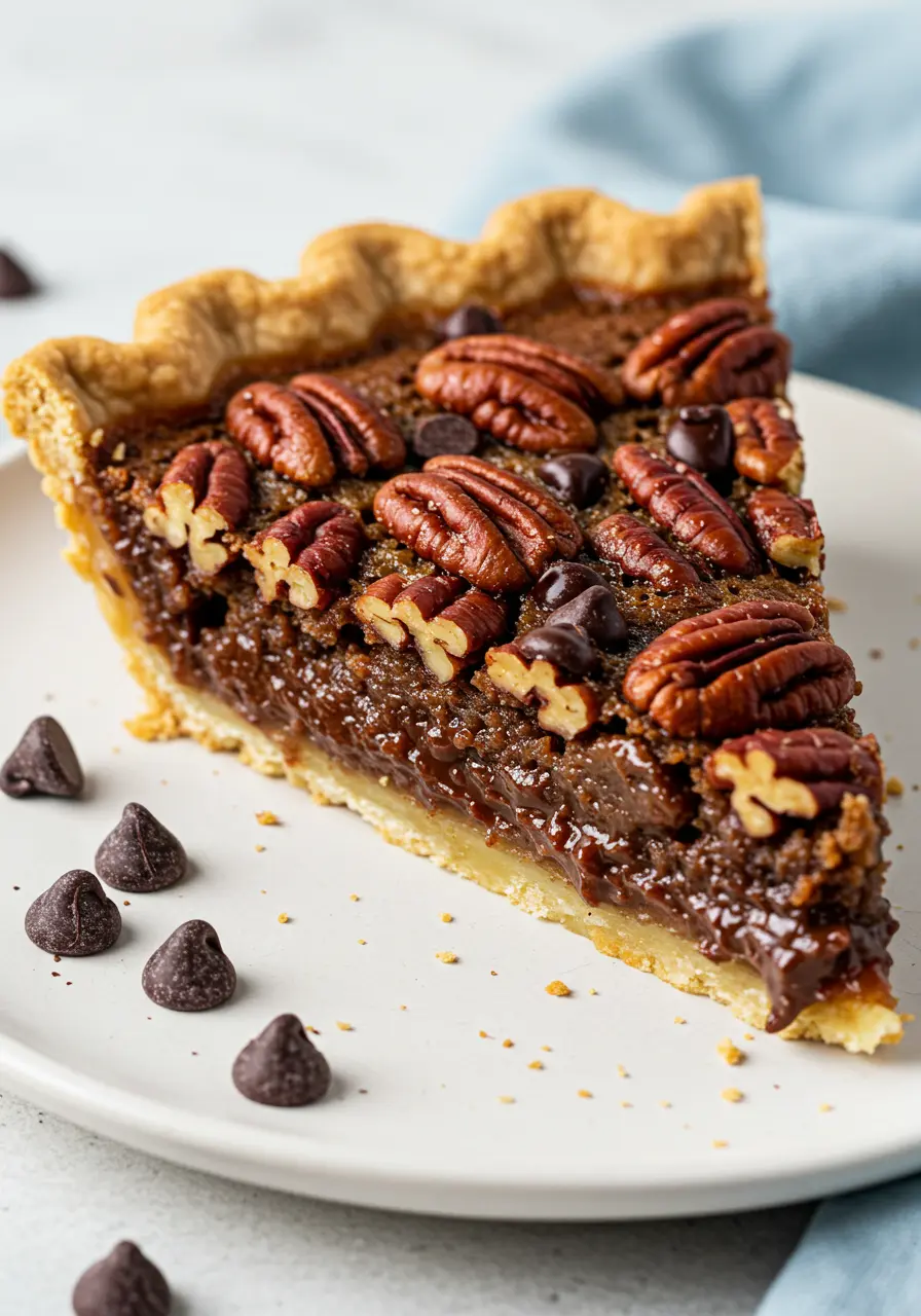A slice of chocolate pecan pie on a white plate.