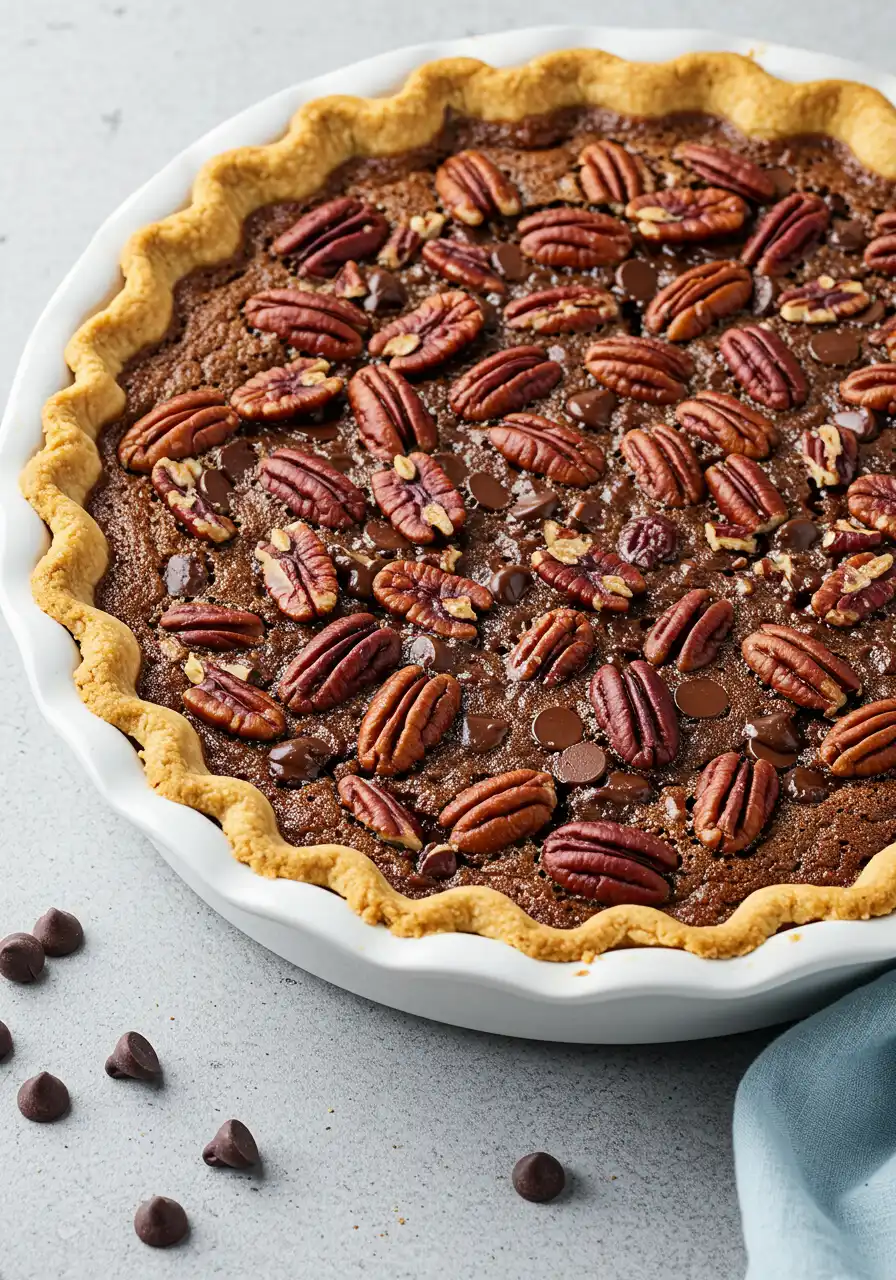 chocolate pecan pie in a white pie dish.