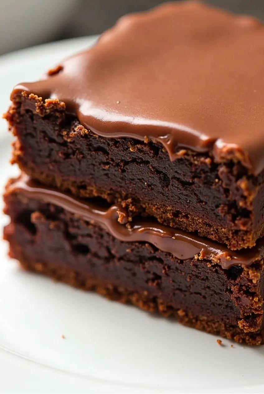 Close up view of double Decker chocolate fudge brownie.