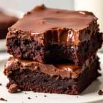 One double decker chocolate fudge brownie with a bite taken out sits on another brownie.