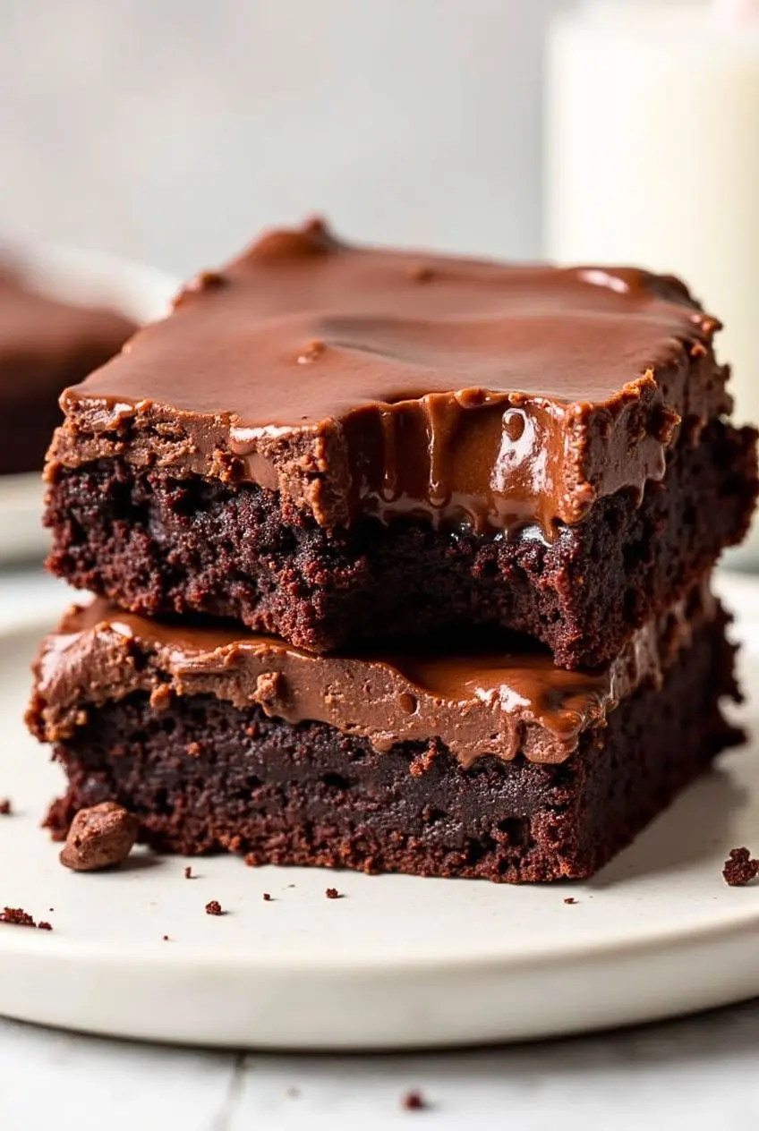 One double decker chocolate fudge brownie with a bite taken out sits on another brownie.