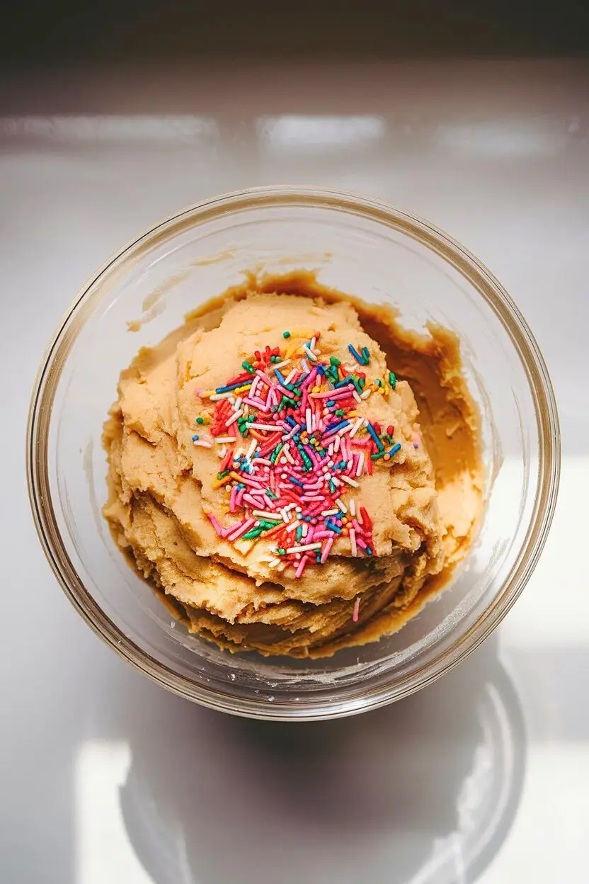 A clear glass mixing bowl filled with creamy, edible sugar cookie dough. A generous sprinkle of vibrant sprinkles rests on top of the dough.