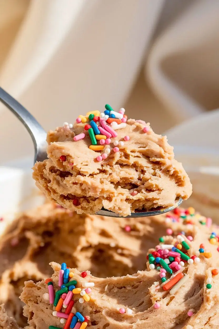 A spoon scooping up creamy, edible sugar cookie dough with vibrant, scattered sprinkles on top.