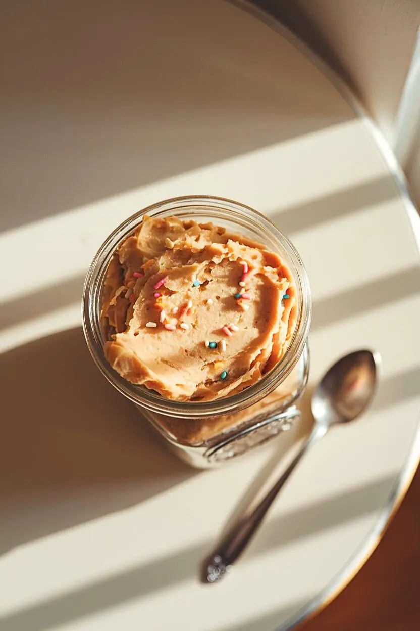 Glass jar filled with edible sugar cookie dough with a spoon next it.