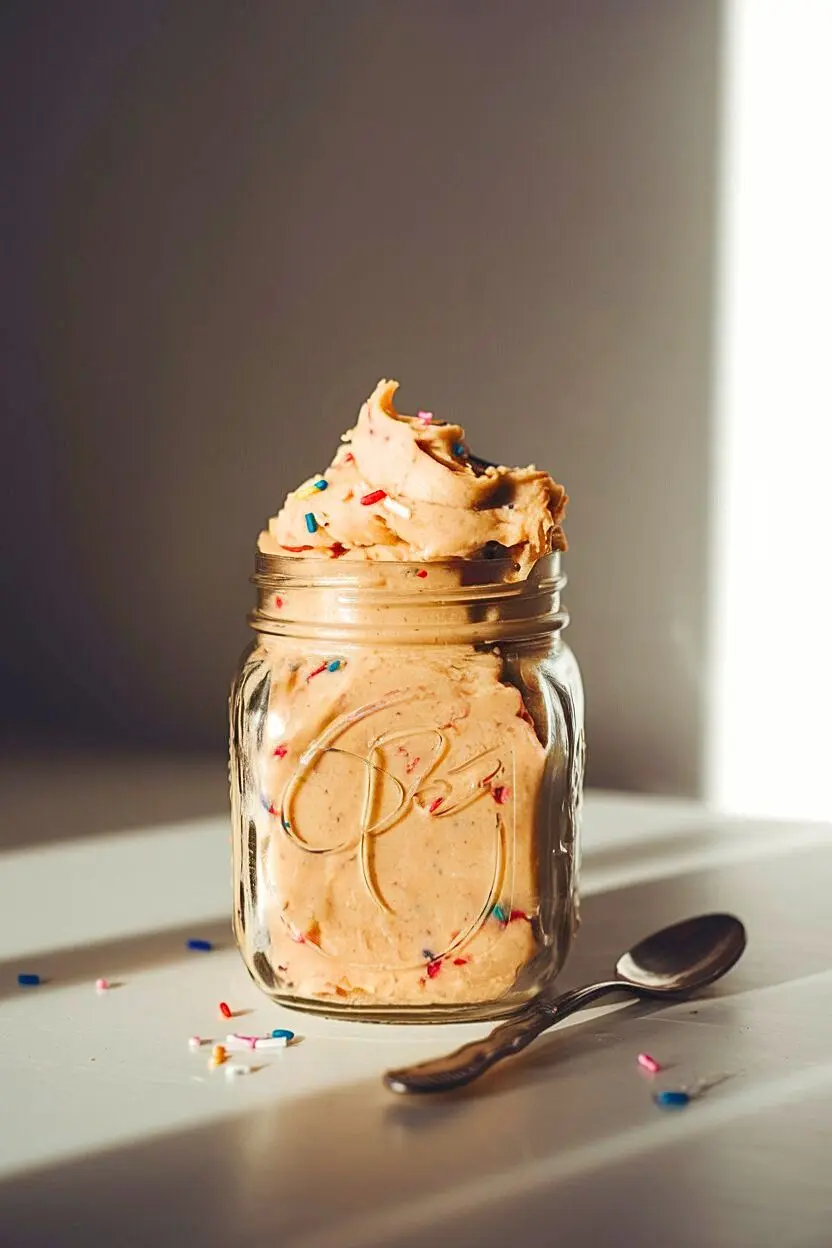 Rustic glass jar filled with creamy edible sugar cookie dough, sitting atop a simple white table.