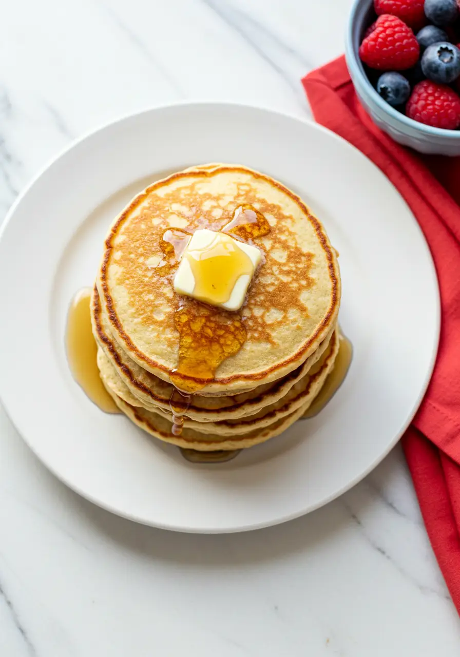 Eggless pancakes on a white plate against a white marble surface and a red napkin next to it.