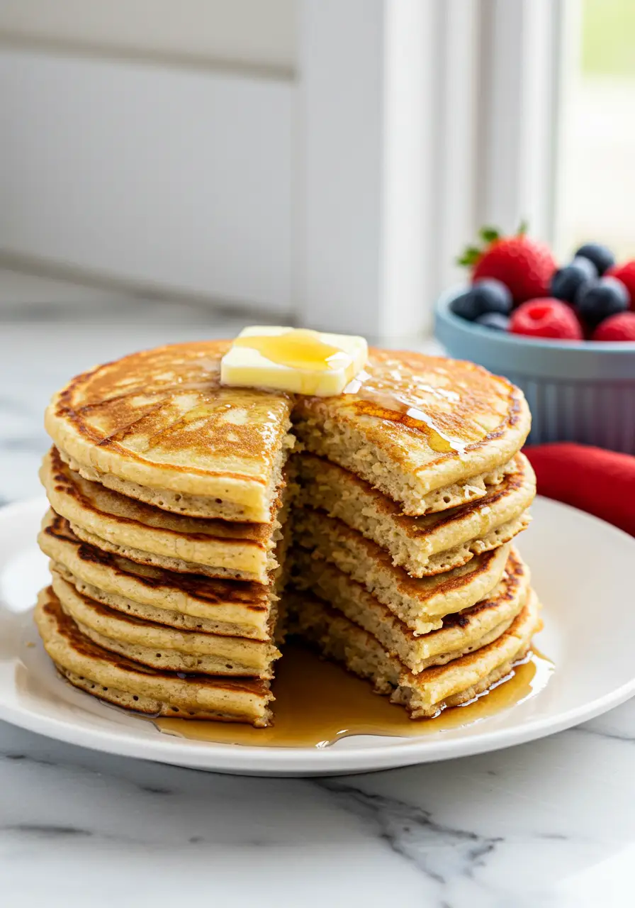 Eggless pancakes with a serving taken out of them on a white plate with a pat of butter and a drizzle of maple syrup.