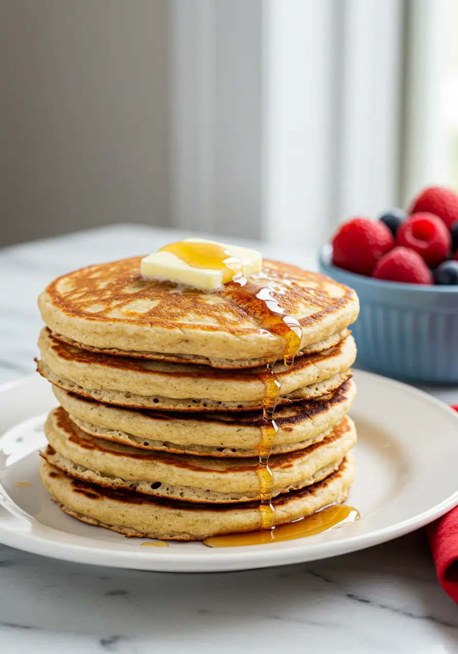 Eggless pancakes on a white plate with a pat of butter is melting on top and a light drizzle of maple syrup.