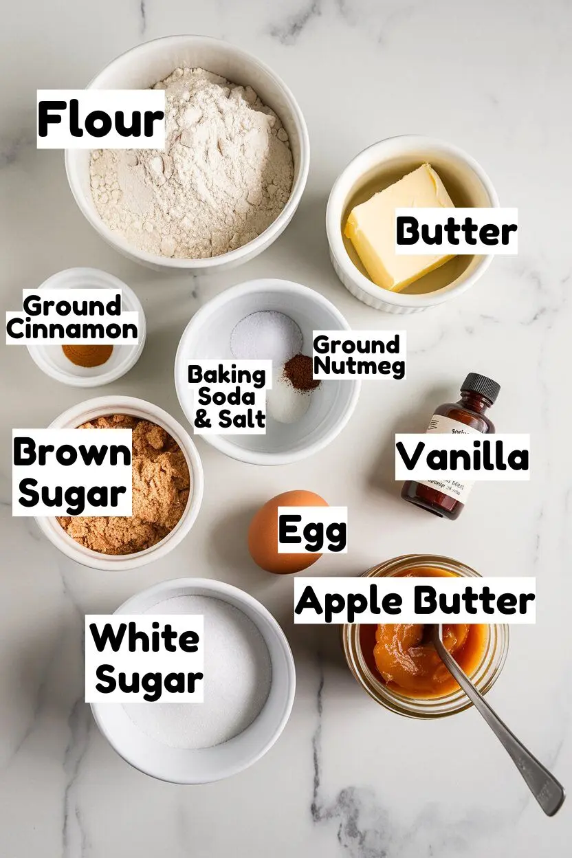 Ingredients on a white marble durface including flour, butter, apple butter, sugar, egg, and other ingredients.