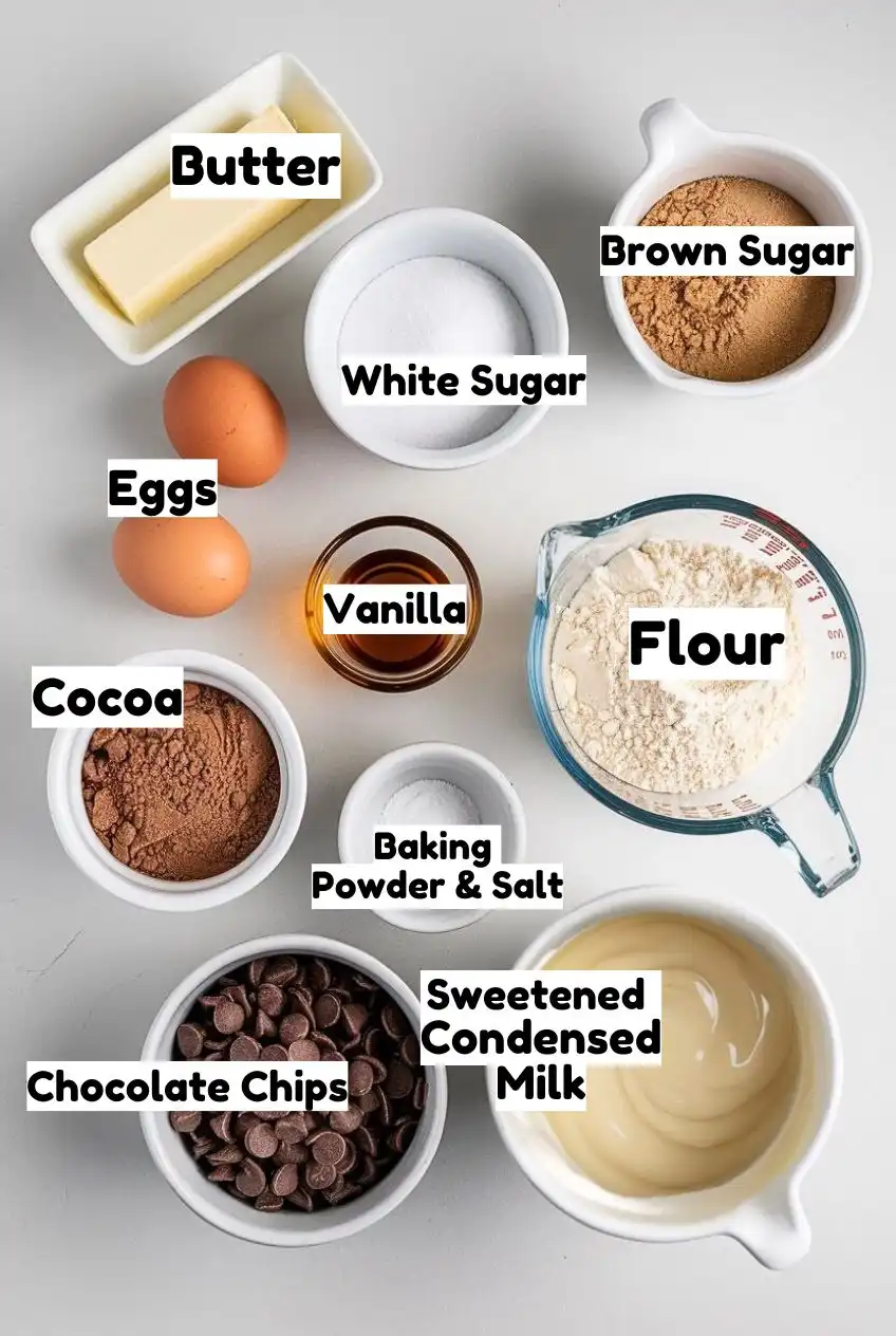 Ingredients on a white surface including flour, butter, cocoa, sugar, eggs, chocolate chips and other ingredients.