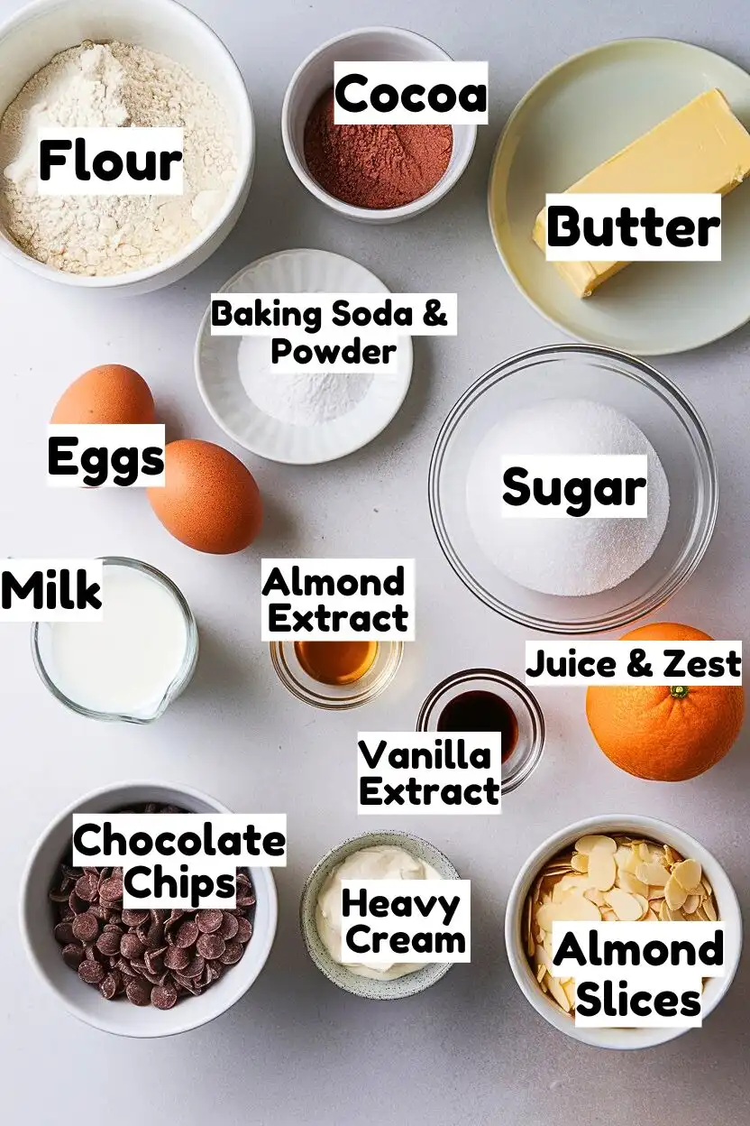 Ingredients including flour, cocoa, butter, baking soda and powder, eggs, sugar, almond and vanilla extract, whole milk, one orange, almond slices, heavy cream, and chocolate chips.