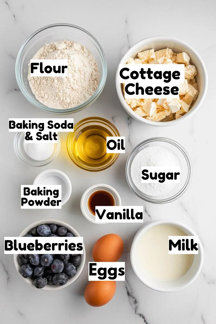Ingredients on a white marble surface including flour, cottage cheese, oil, sugar, vanilla, blueberries, and other ingredients.