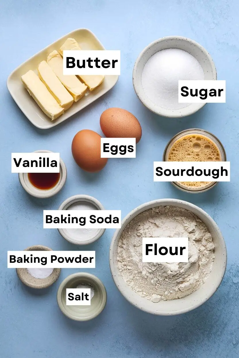 Ingredients on a light blue surface Including flour, sourdough, sugar, vanilla, baking powder & soda, butter, and two eggs.