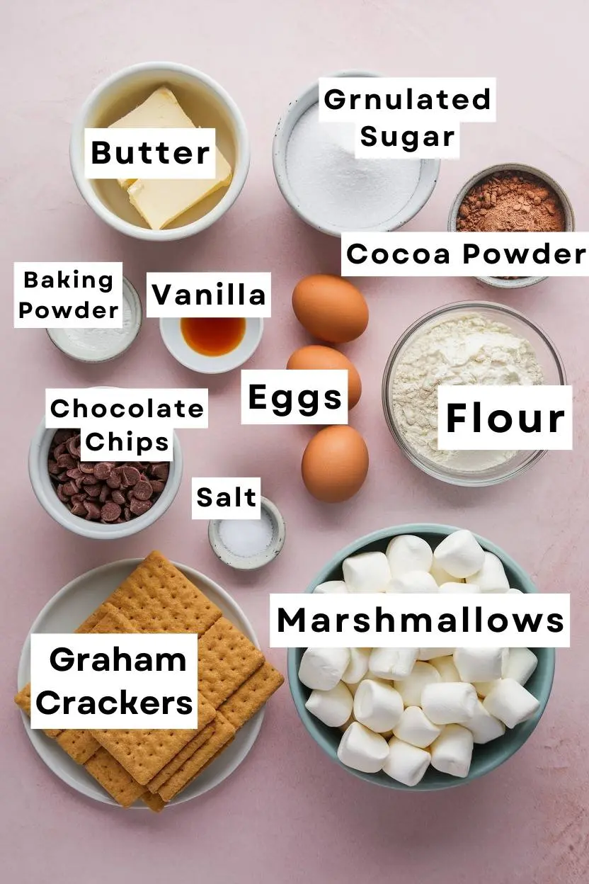 Ingredients on a light pink surface including flour, sugar, butter, cocoa powder, eggs,vanilla, chocolate chips, baking powder, marshmallows, graham crackers, and salt