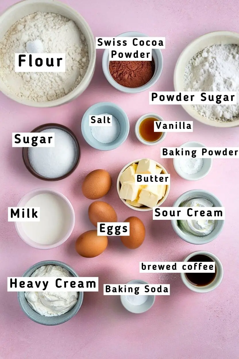 Ingredients Including flour, swiss cocoa, sugar, vanilla, baking powder & soda, butter, eggs, milk, heavy cream, sour cream, and brewed coffee.