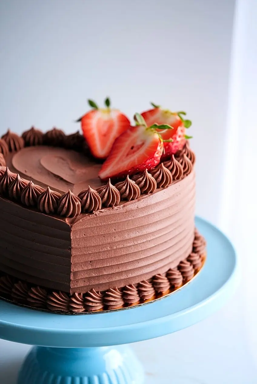Chocolate heart cake on a blue stand and topped with fresh strawberries