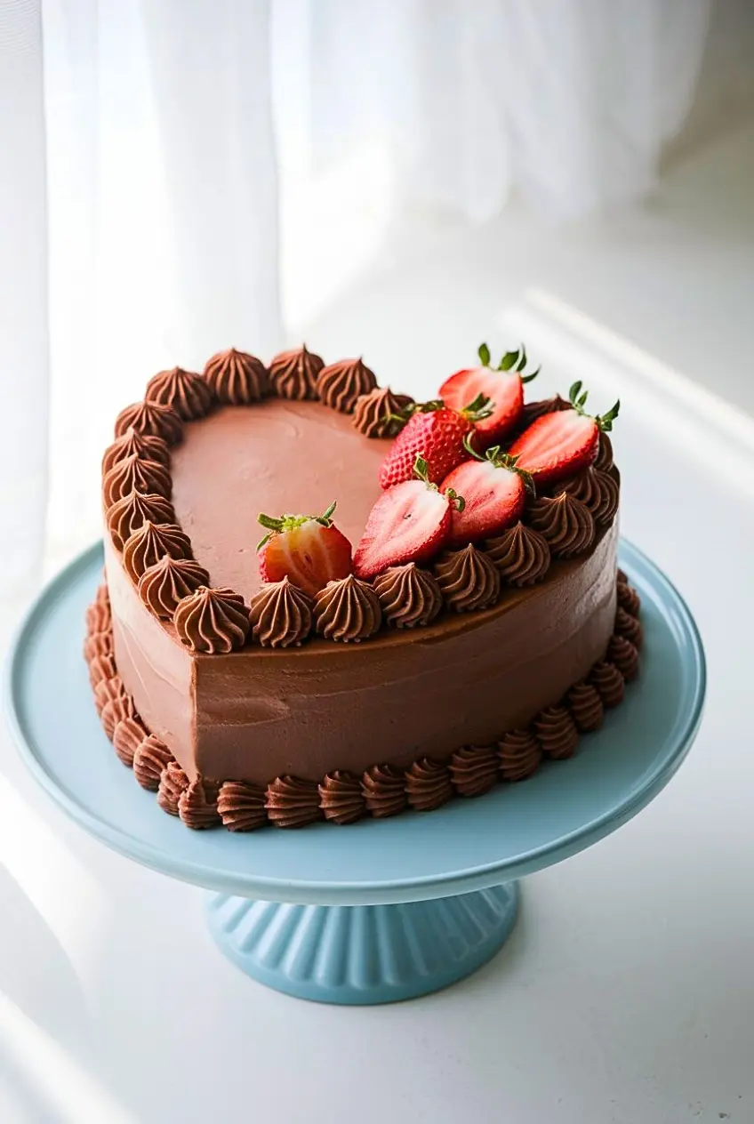 Heart chocolate cake placed on a blue cake stand
