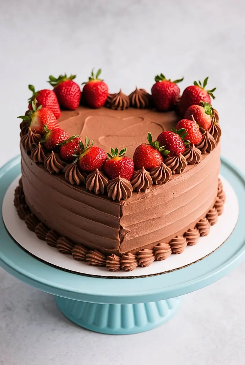 chocolate heart cake adorned with strawberries