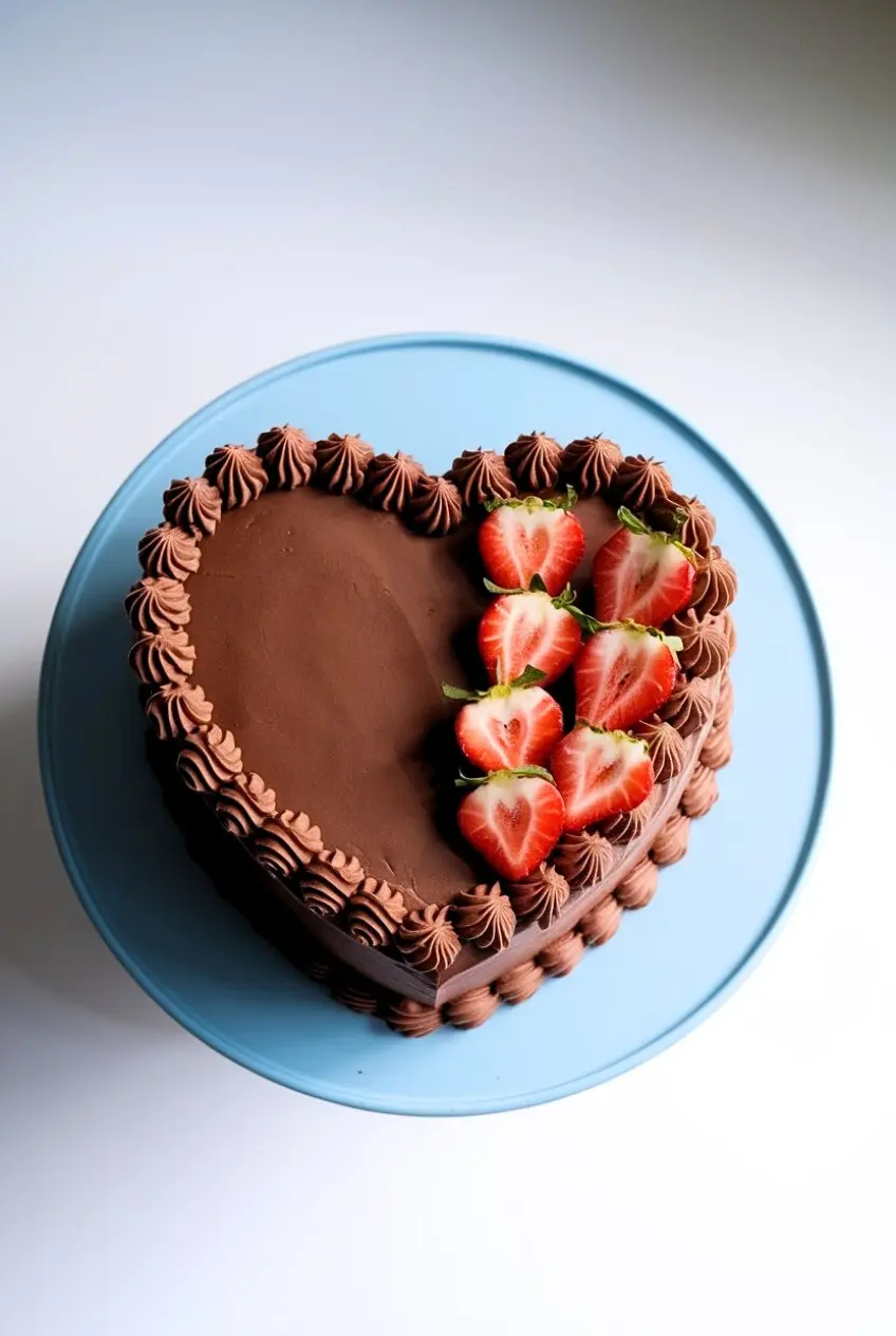 heart cake​ topped with strawberries and placed on a blue cake stand