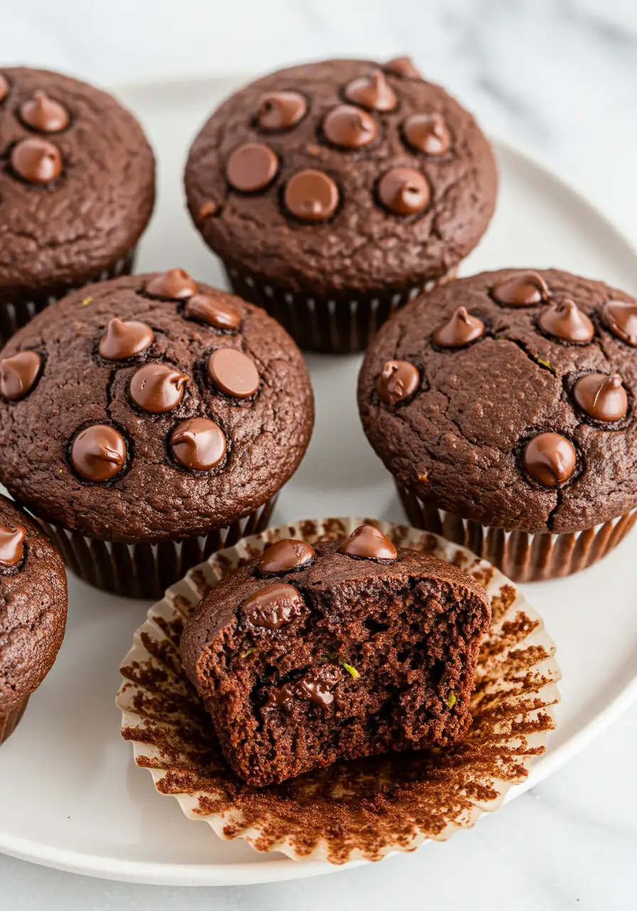 Chocolate zucchini muffins on a white plate against a white marble surface.