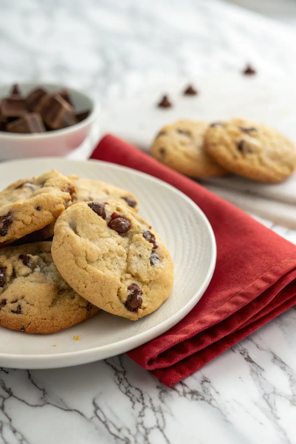 Pudding chocolate chip cookies placed on a white plate and a red napkin beneath it.
