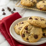 Pudding chocolate chip cookies on a white plate.