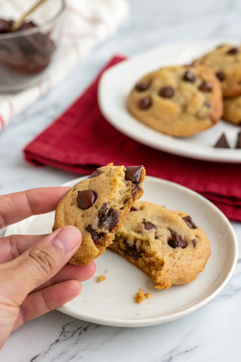 A hand is holding one pudding chocolate chip cookie split in half.