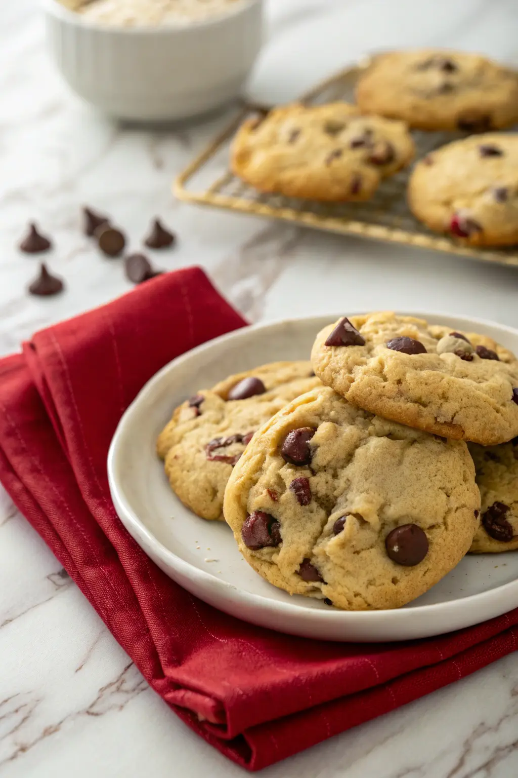 Pudding chocolate chip cookies on a white plate.