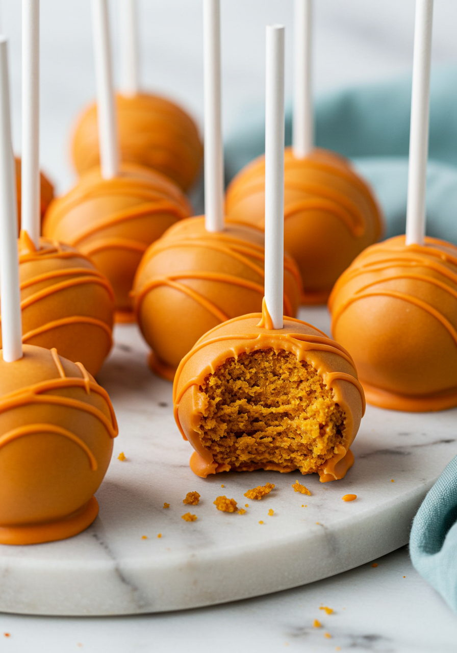 Pumpkin cake pops on a white marble plate and a light blue napkin around.