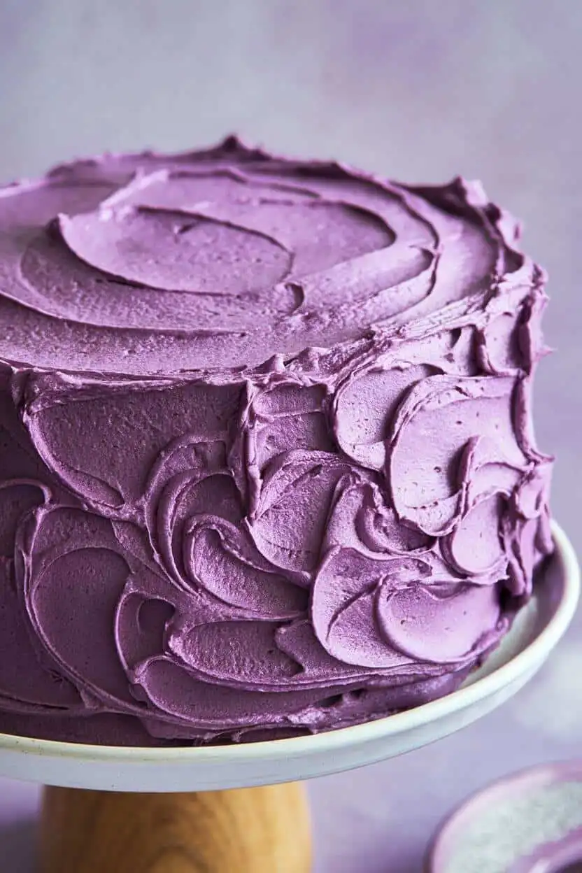 purple velvet cake recipe coated with rich purple frosting, sits on a cake stand against a light purple surface.