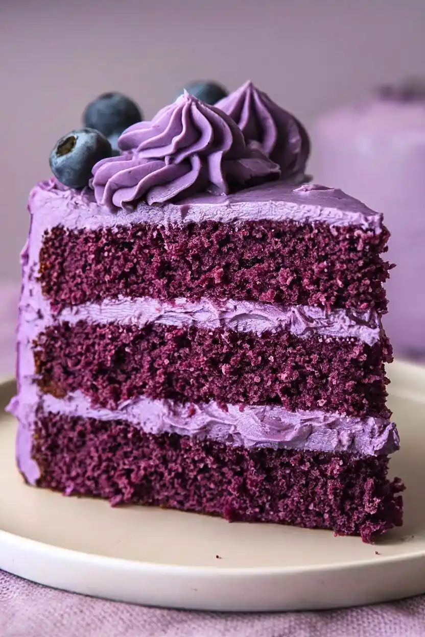 Slice of purple velvet cake recipe placed on a white plate.
