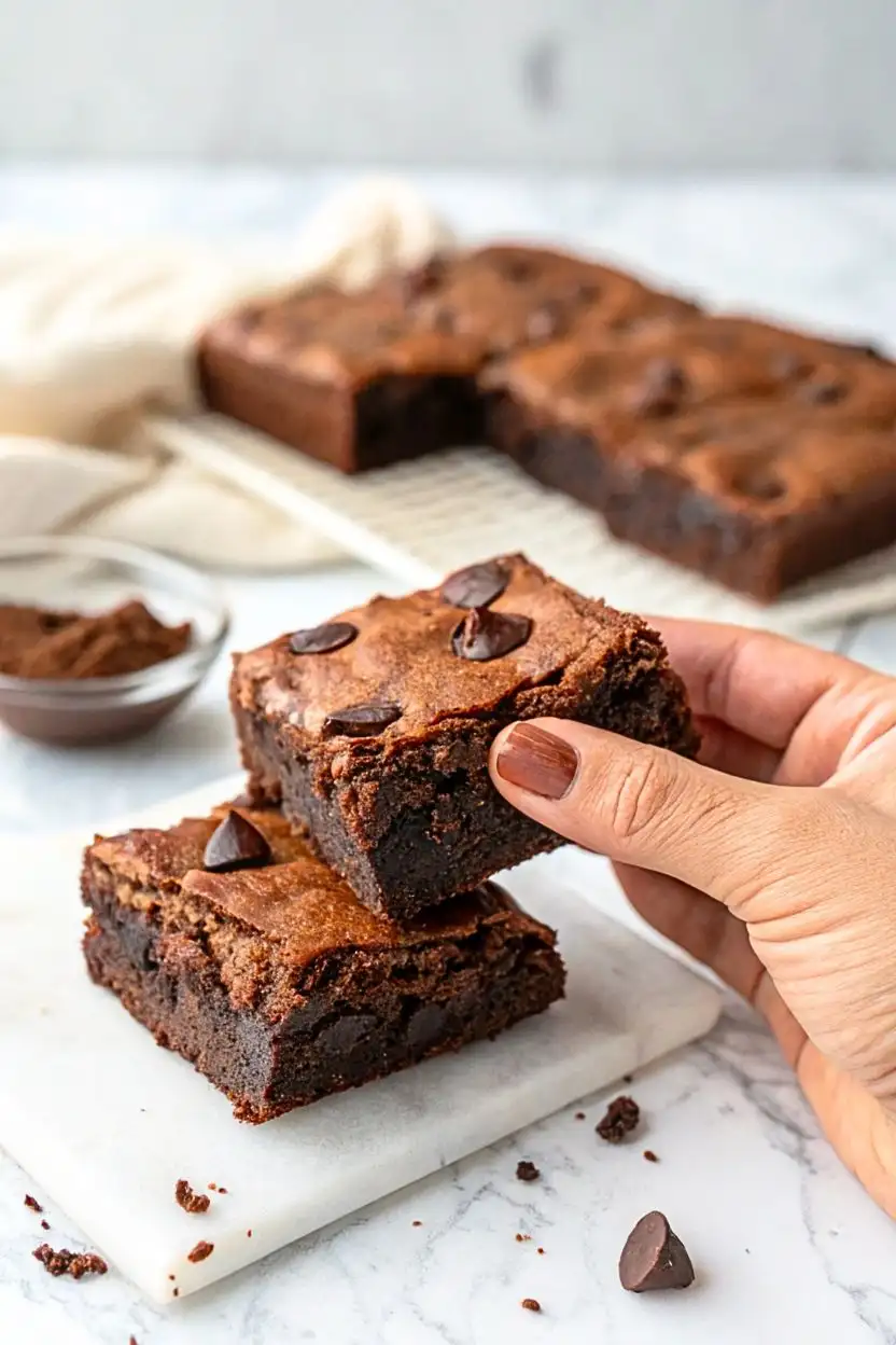 A hand holding a Sourdough Discard Brownie.