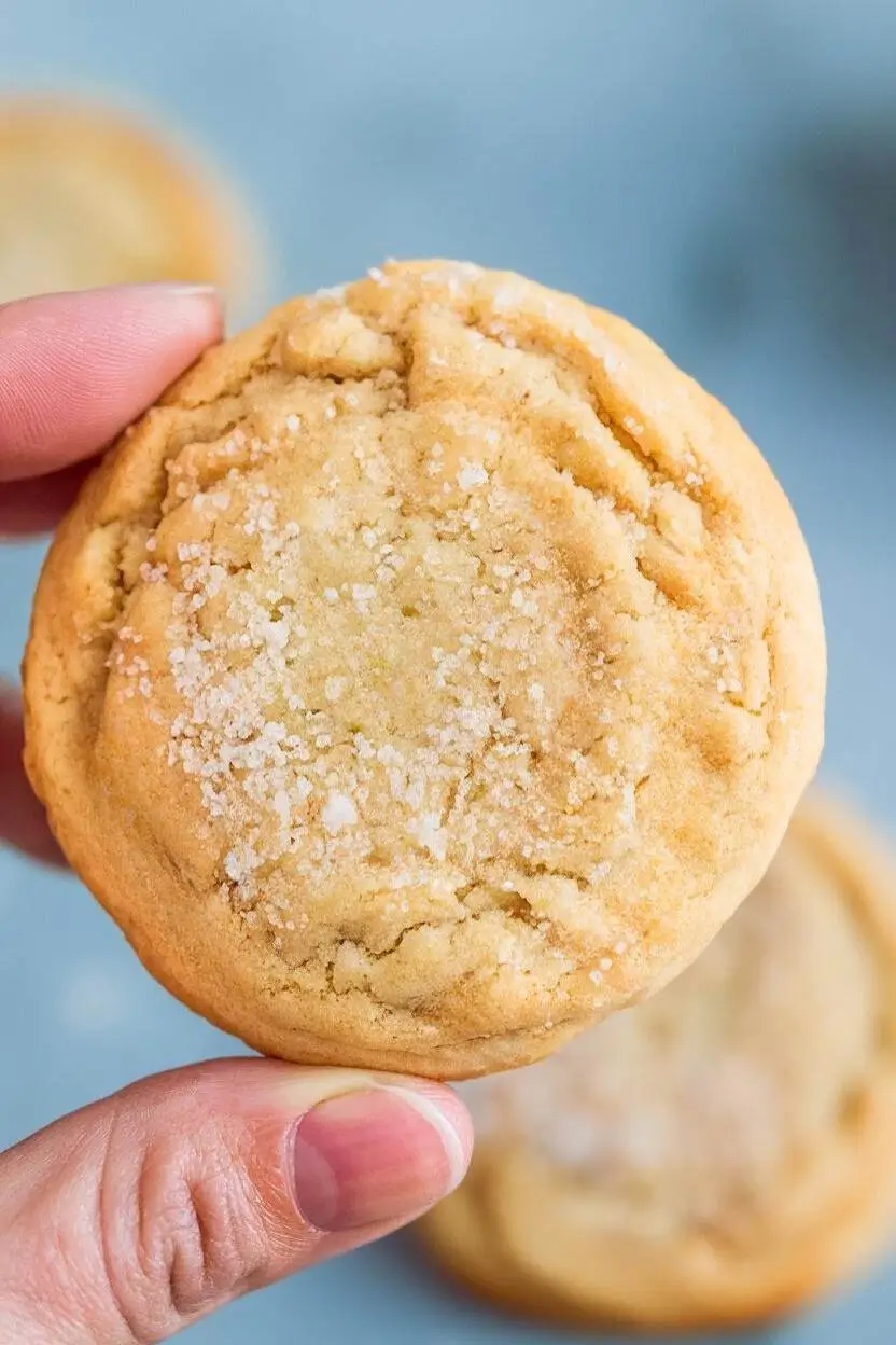 Chewy and soft sourdough sugar cookie held by a hand.
