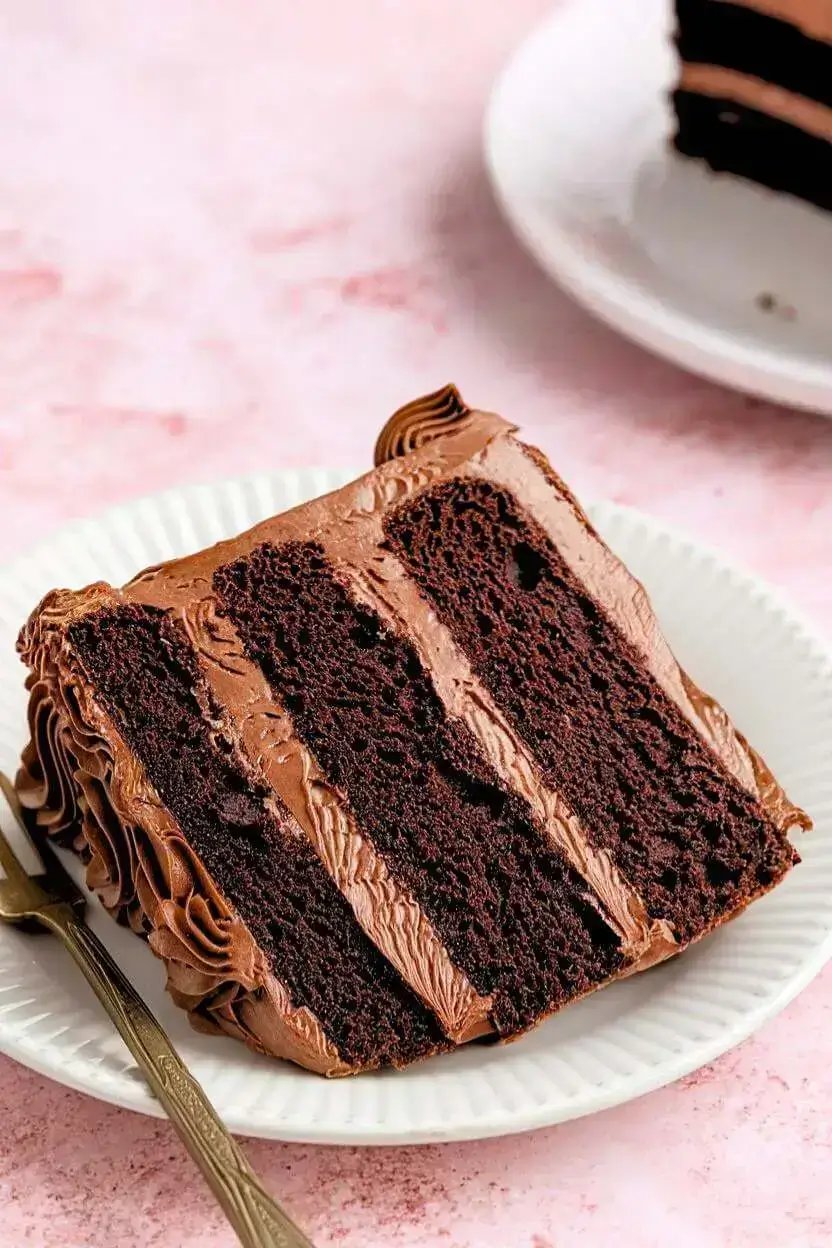 Slice of Swiss chocolate chalet cake on a white plate